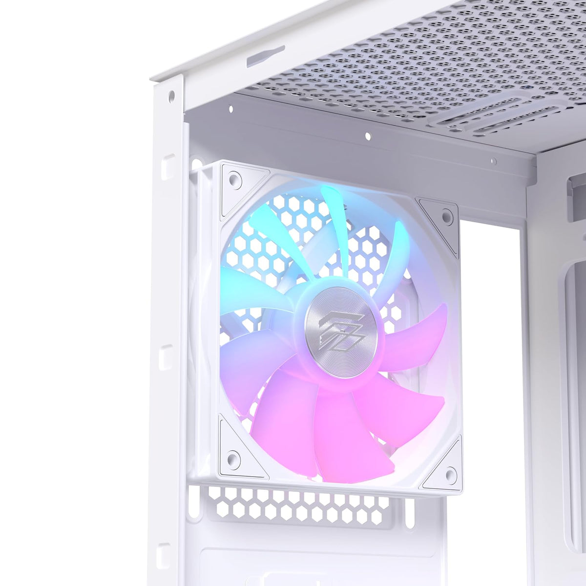 EINAREX Pulse PM150 White - Gabinete Micro-ATX, Cristal Templado, Panel Frontal de Malla, Incluye 3 Ventiladores RGB, USB C, Soporta Enfriamientos de 240mm