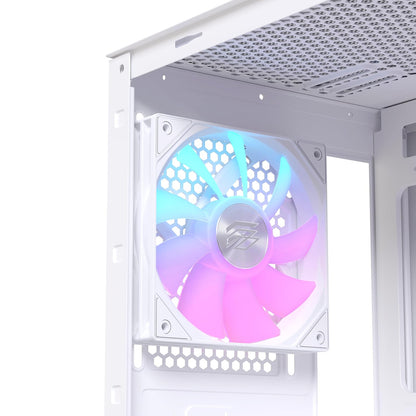 EINAREX Pulse PM150 White - Gabinete Micro-ATX, Cristal Templado, Panel Frontal de Malla, Incluye 3 Ventiladores RGB, USB C, Soporta Enfriamientos de 240mm