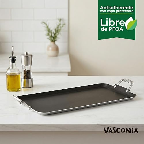 Vasconia | Plancha Doble Lisa Esencial Aluminio Antiadherente Negro 54x29cm | Doble quemador, Cocción uniforme, Recubrimiento interior, Fácil limpieza, Uso diario, Gran capacidad, Libre de PFOA