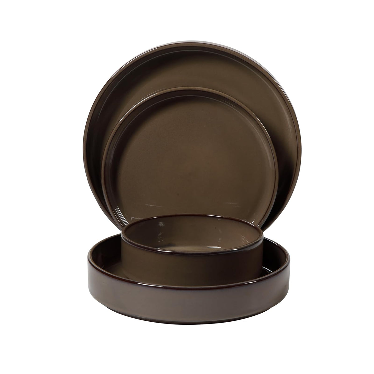 - Dos veces ganador de los Favoritos de Oprah - Santorini Mist juego de 16 piezas de vajilla de doble cuenco de terracota con platos y cuencos de esmaltado reactivo - Marrón madera flotante