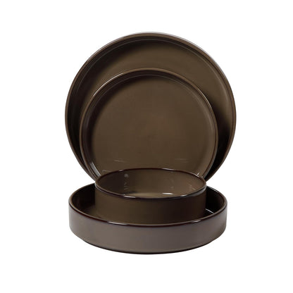 - Dos veces ganador de los Favoritos de Oprah - Santorini Mist juego de 16 piezas de vajilla de doble cuenco de terracota con platos y cuencos de esmaltado reactivo - Marrón madera flotante