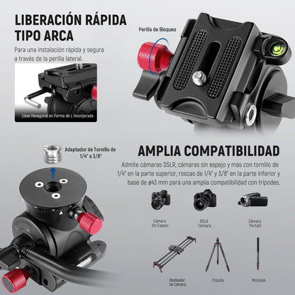 NEEWER Cabezal de Trípode Fluido con Mango y Liberación Rápida Tipo Arca, Cabezal Panorámico de Arrastre con Base Escalada de ø43mm para Cámara DSLR de Videocámara Compacta, Carga Máxima: 6,6lb, GM23