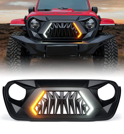 Xprite - Parrilla frontal de repuesto compatible con Jeep Wrangler JL JLU y 2020+ Gladiator JT, parrilla de tiburón negro mate con luz para correr y intermitentes