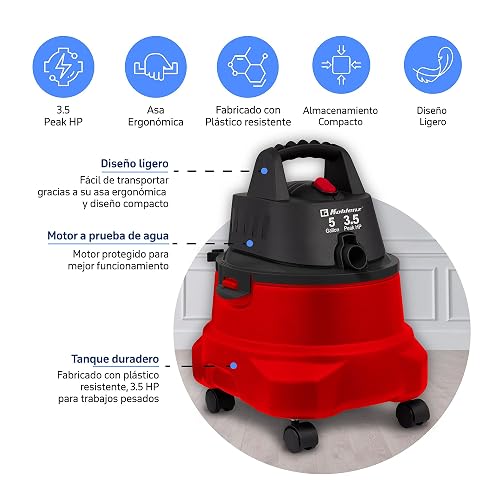 Koblenz SM-5 Aspiradora Seco Mojado 3 en 1 con Sistema de Expulsión de Aire, Devoradora con Capacidad de 5 Galones, Motor de 3.5 HP Pico, Aspiradora para Hogar y Taller, Aspira Agua y Vidrios