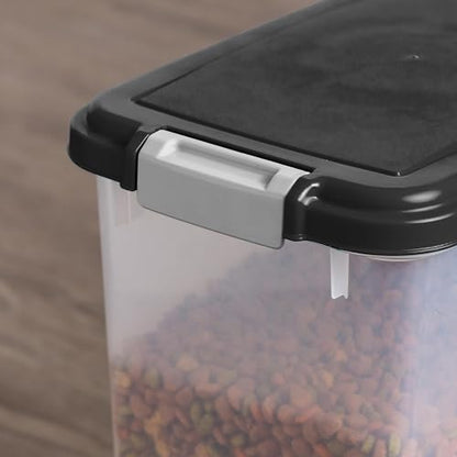 IRIS USA Contenedor Hermético WeatherPro, hasta 13.6 Kg, con ruedas, Ideal para perros, gatos y aves, Mantiene la frescura, translúcido y libre de BPA, Negro