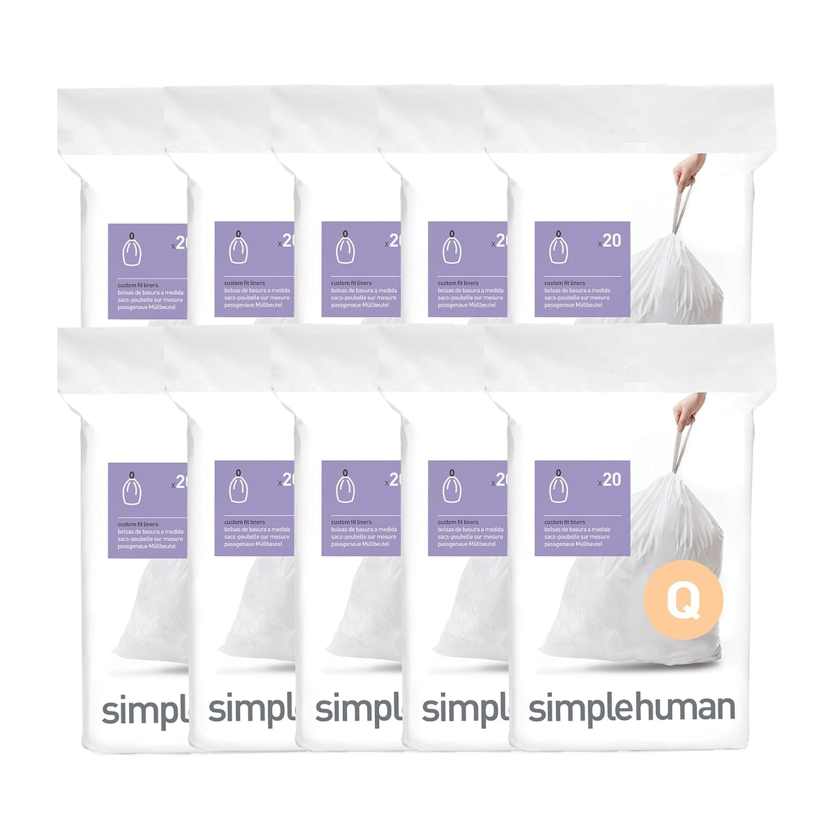 simplehuman Código K Bolsas de Basura con Cordón, Blanco, 100 pzas - Blanco - 200 Count (Pack of 1) - Código Q