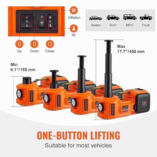 VEVOR Kit de Gato Hidráulico Eléctrico de 5T 12V Elevador Automático de Automóvil 155-450 mm Gato Elevador con Llave de Impacto Luz LED Inflador de Neumáticos para Carretera SUV Sedán o Cualquier Vehículo