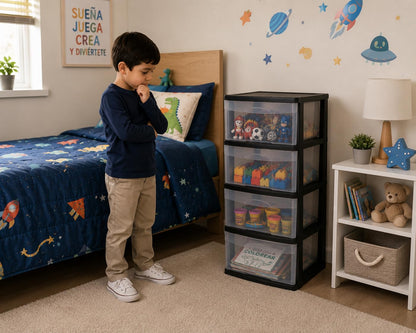 Italhome Cajonera ONYX 4 de Plástico Negra con 4 Cajones Transparentes, Organizador Multiusos para Recámara, Oficina o Cocina
