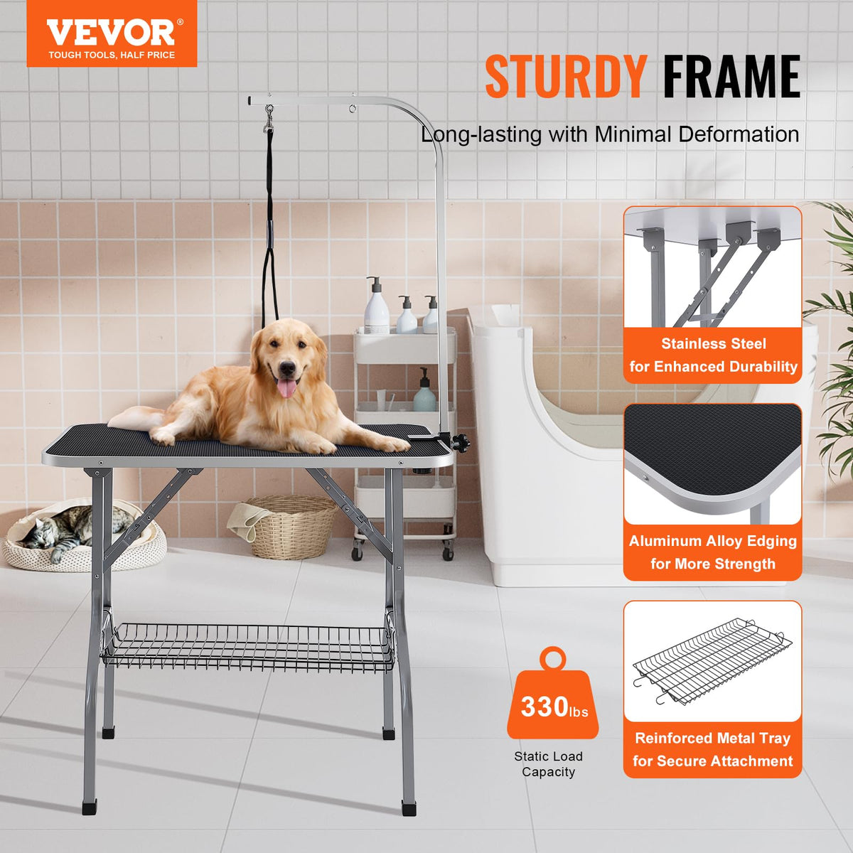 VEVOR Mesa Plegable de Aseo para Mascotas Mesa de 914,4x609,6 mm Mesa de Aseo para Perros Capacidad de Carga de 149,7 kg Mesa de Peluquería para Perros de Acero Inoxidable con 1 Pinza 2 Cuerdas 1 Asa