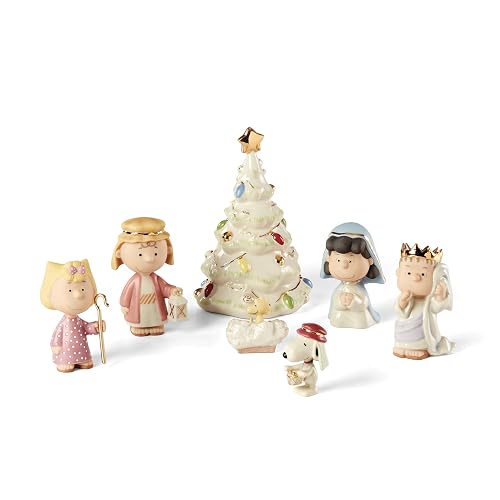 Lenox Peanuts Set 7 Figuras Navidad Charlie Brown Snoopy Porcelana Marfil Oro 24K