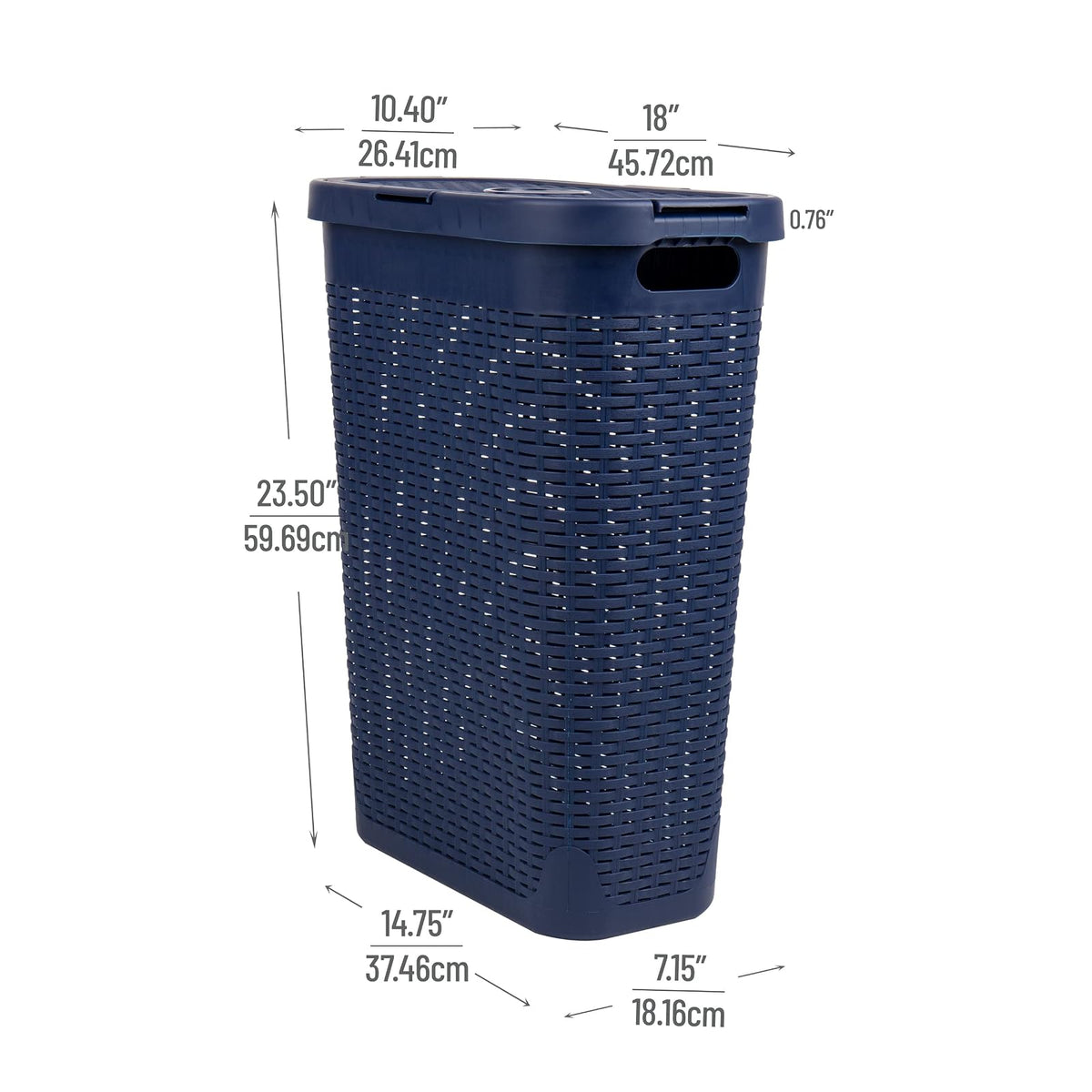 Mind Reader 40L Slim Laundry Hamper, Clothes Basket, Lid, Wicker Design, Plastic, 18" L x 10.4" W x 23.5" H, Navy
