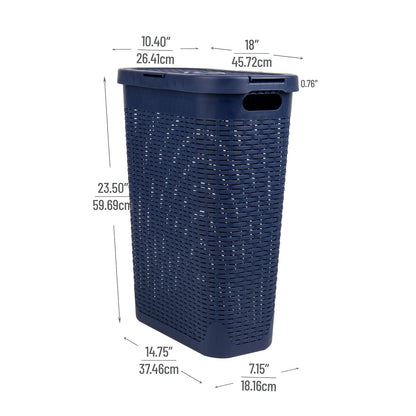 Mind Reader 40L Slim Laundry Hamper, Clothes Basket, Lid, Wicker Design, Plastic, 18" L x 10.4" W x 23.5" H, Navy