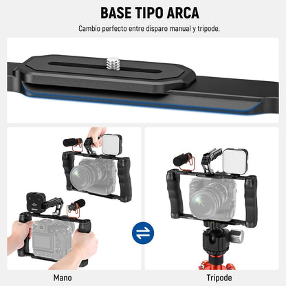 NEEWER Universal Jaula Cámara con Asa Superior & Montaje Monitor Zapata Fría, Arca Cámara Gimbal Estabilizador Video Rig, Manija Doble & 3/8" para ARRI Compatible con SmallRig Accesorio, CA016T+MA006
