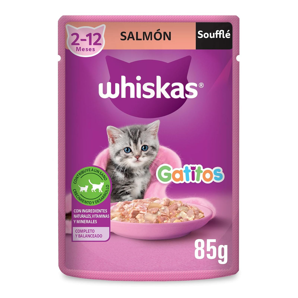 WHISKAS - Alimento Húmedo para Gatitos, Sabor a Soufflé de Salmón, 24 Sobres para Gato, 85 gr., c/u