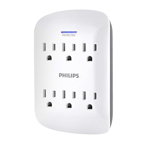 Philips SPP3461WA/37 - Protector de sobretensiones Extensor de 6 Tomas, Llave de Pared, 900 Julios, 3 Puntas, diseño de Ahorro de Espacio, luz LED indicadora de protección, listado ETL, Color Blanco