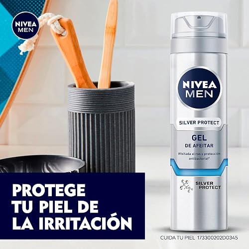 NIVEA MEN Gel para Afeitar Silver Protect (200 ml) Antibacterial con Iones de Plata, Manzanilla y Pro Vitamina B5 para una afeitada al ras