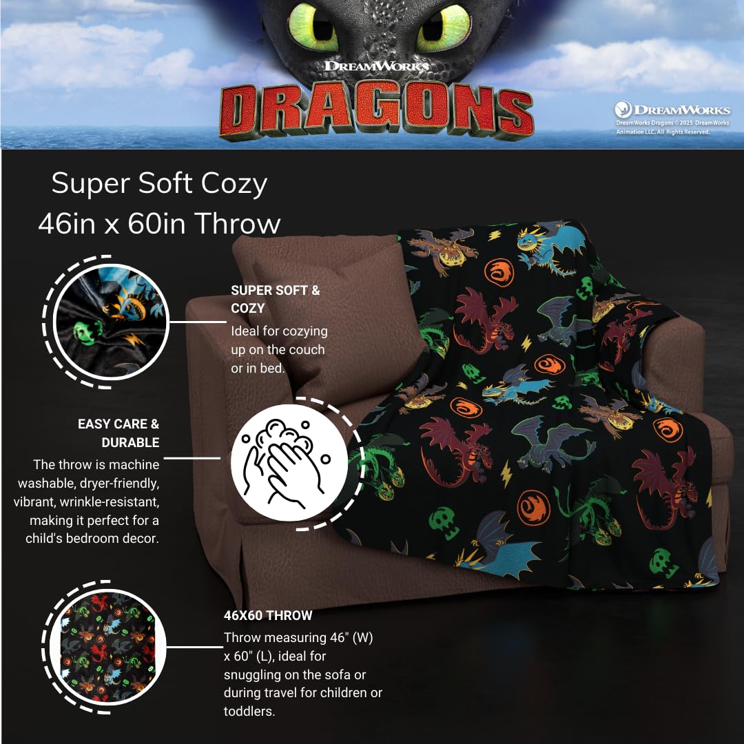 Franco How to Train Your Dragon - Ropa de Cama para niños sin Dientes súper Suave y acogedora, 46 x 60 Pulgadas, (Producto con Licencia Oficial)