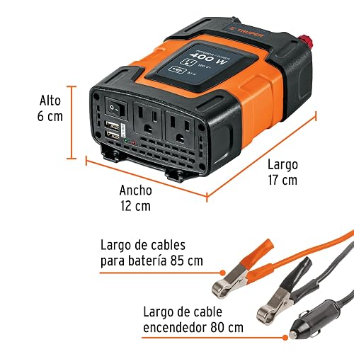 TRUPER Inversor de Corriente 400 W con Adaptador de Caimán, Naranja, INCO-400
