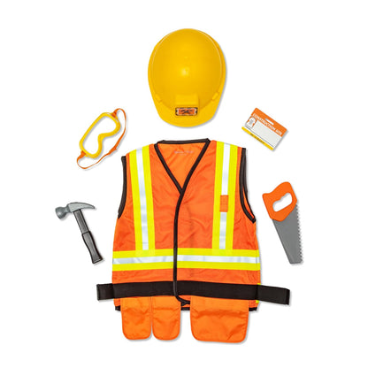 Melissa & Doug Disfraz De Obrero De La Construcción | 6 piezas, construcción de juego de simulación, chaleco, sombrero duro, herramientas para niños, cinturón, sierra, martillo