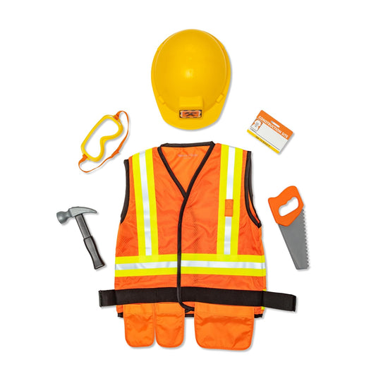 Melissa & Doug Disfraz De Obrero De La Construcción | 6 piezas, construcción de juego de simulación, chaleco, sombrero duro, herramientas para niños, cinturón, sierra, martillo