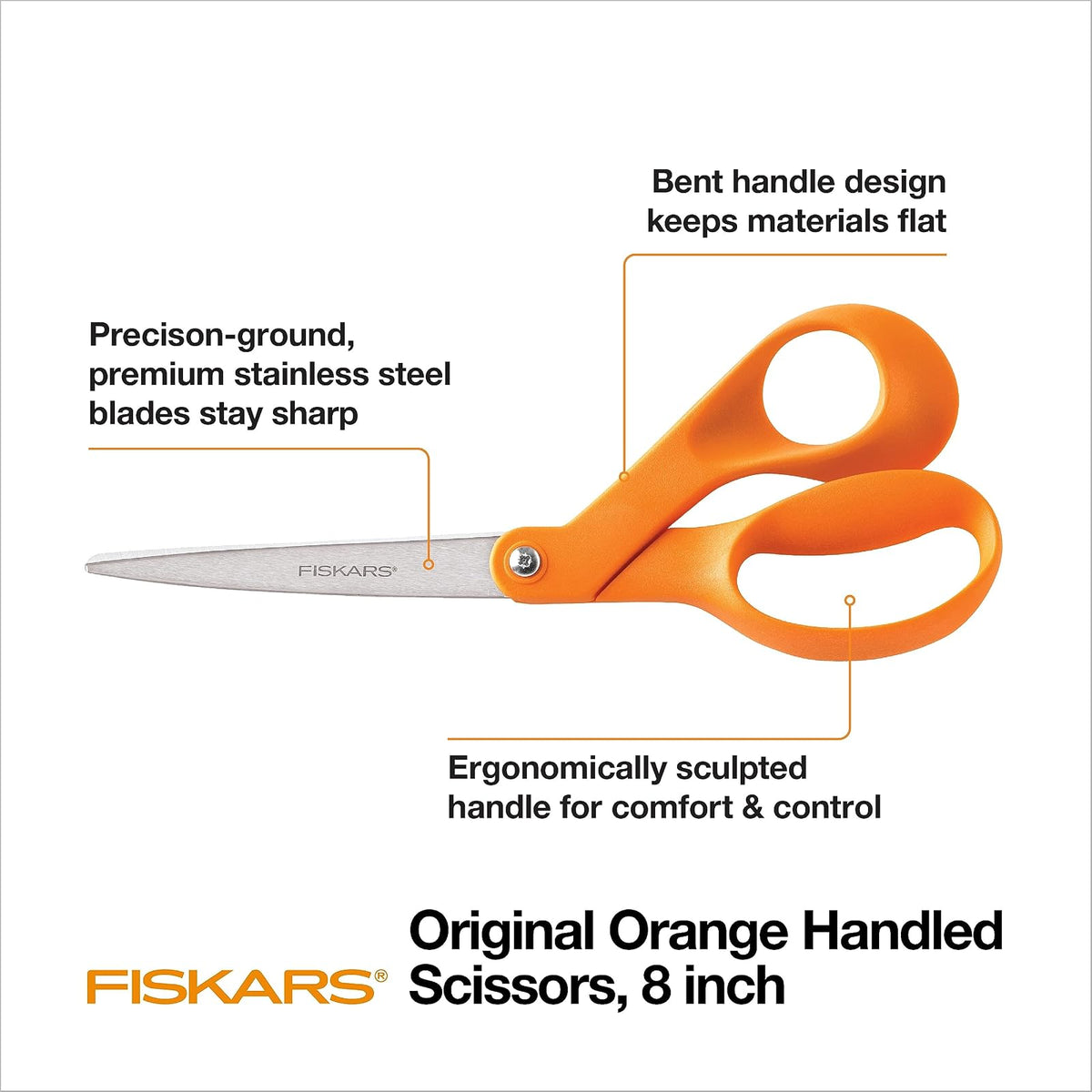 Fiskars 8 Inch The Original Orange-Handled Scissors | Para manualidades, oficina y costura, mango ergonómico doblado que mantiene los materiales planos, cuchillas de acero de