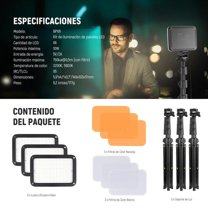 NEEWER Básico Panel Luz Vídeo LED Kit, Paquete de 3 Bicolor Estudio Luz Portátil con Soporte para Trípode y Filtros, 3200K~5600K CRI 95 750lux para Fotografía, Grabación, Transmisión en Vivo, BP66