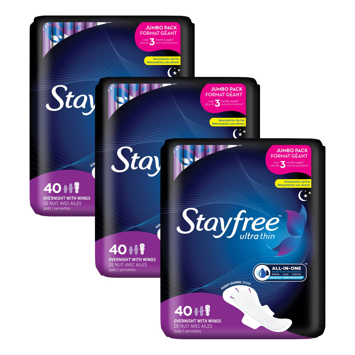 Stayfree Ultra Thin Pads for Women, Overnight with Wings, 40 Count (Pack of 3)