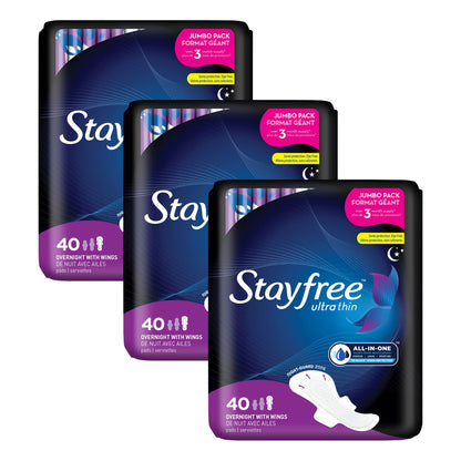 Stayfree Ultra Thin Pads for Women, Overnight with Wings, 40 Count (Pack of 3)