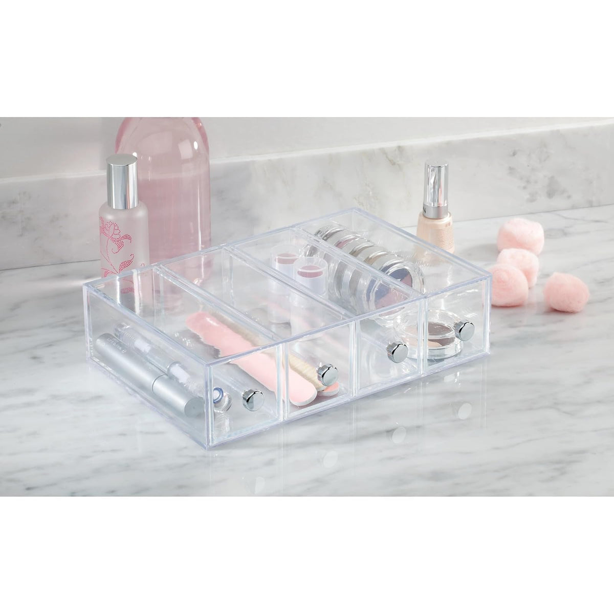 InterDesign Drawers Caja con compartimentos | Caja de maquillaje con 4 cajones | Organizador de maquillaje o artículos de oficina | Plástico transparente