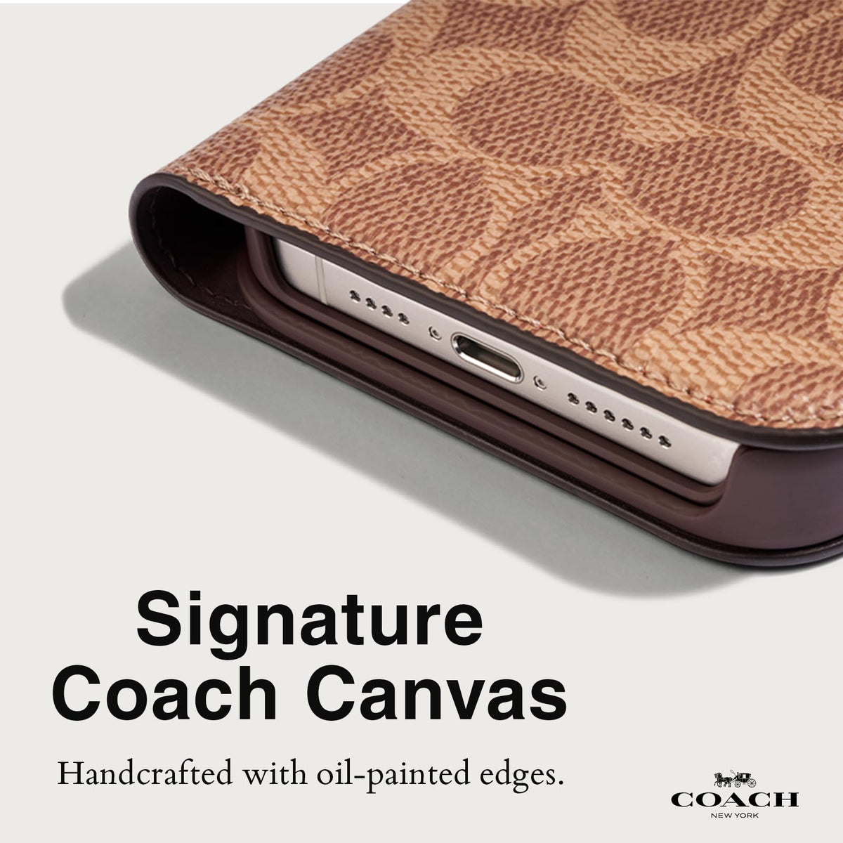Coach Signature - Funda de Lona Desmontable de Dos Piezas para iPhone 15 Pro MAX, Compatible con Carga inalámbrica, Color café