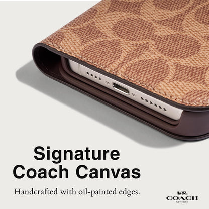 Coach Signature - Funda de Lona Desmontable de Dos Piezas para iPhone 15 Pro MAX, Compatible con Carga inalámbrica, Color café
