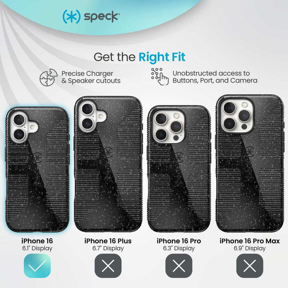 Speck CandyShell Grip - Funda para iPhone 16, MagSafe, Color Negro con Purpurina, Acero y Negro