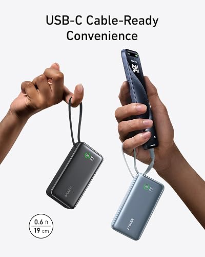 Anker Nano Powerbank 10.000 mAh Powerbank con Cable USB-C Integrado, PD 30 W de Potencia máxima con 1 x USB-C, 1 x USB-A, batería Compatible con iPhone14 Serie, MacBook, Galaxy, iPad y más (Azul)