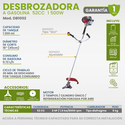 IGOTO Desbrozadora Desmalezadora de Gasolina Motor 2 Tiempos 2 HP 1500 W Capacidad del Tanque 1200 Ml Uso Profesional 52 CC Mango Ajustable Tipo Bici Carburador Tipo Diafragma