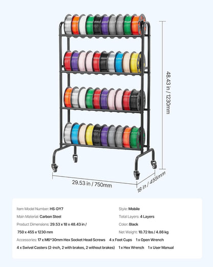 VEVOR Estante de Almacenamiento de Filamentos de 4 Niveles para Impresión 3D Soporte de Metal para Bobinas de Filamento con Ruedas 750 x 455 x 1230 mm para Estudios, Talleres, Oficinas, Negro
