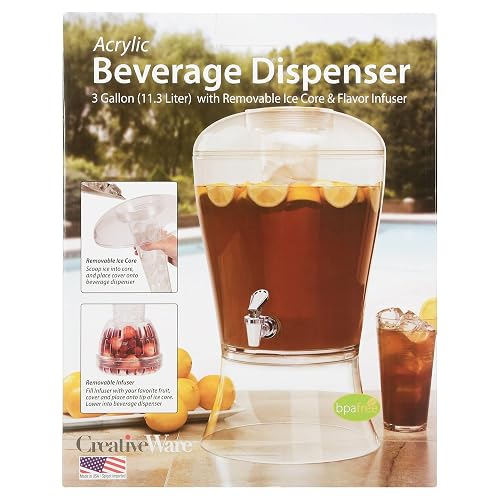 CreativeWare - Dispensador de bebidas (3 galones), No se quiebra, con infusor, Transparente, 1