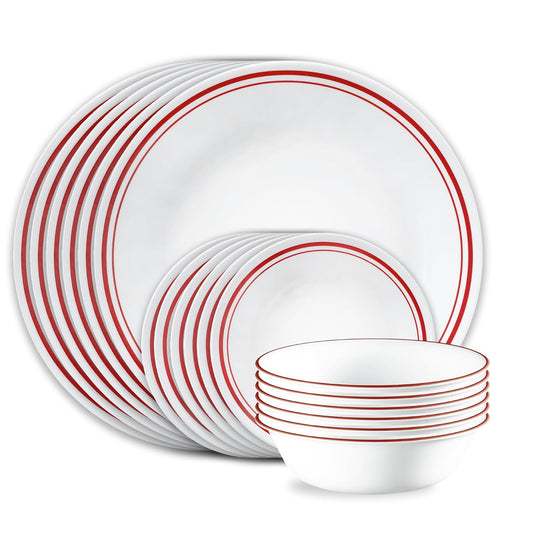 Corelle Vitrelle juego de vajilla de 18 piezas, servicio para 6, Logan, vidrio de triple capa resistente a astillados y golpes, juego de platos y tazones redondos livianos