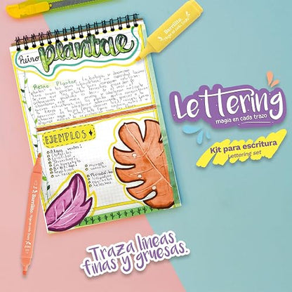 Barrilito Kit de Lettering con 5 Puntas Diferentes, Cuadernillo de Práctica y Cintas Washi