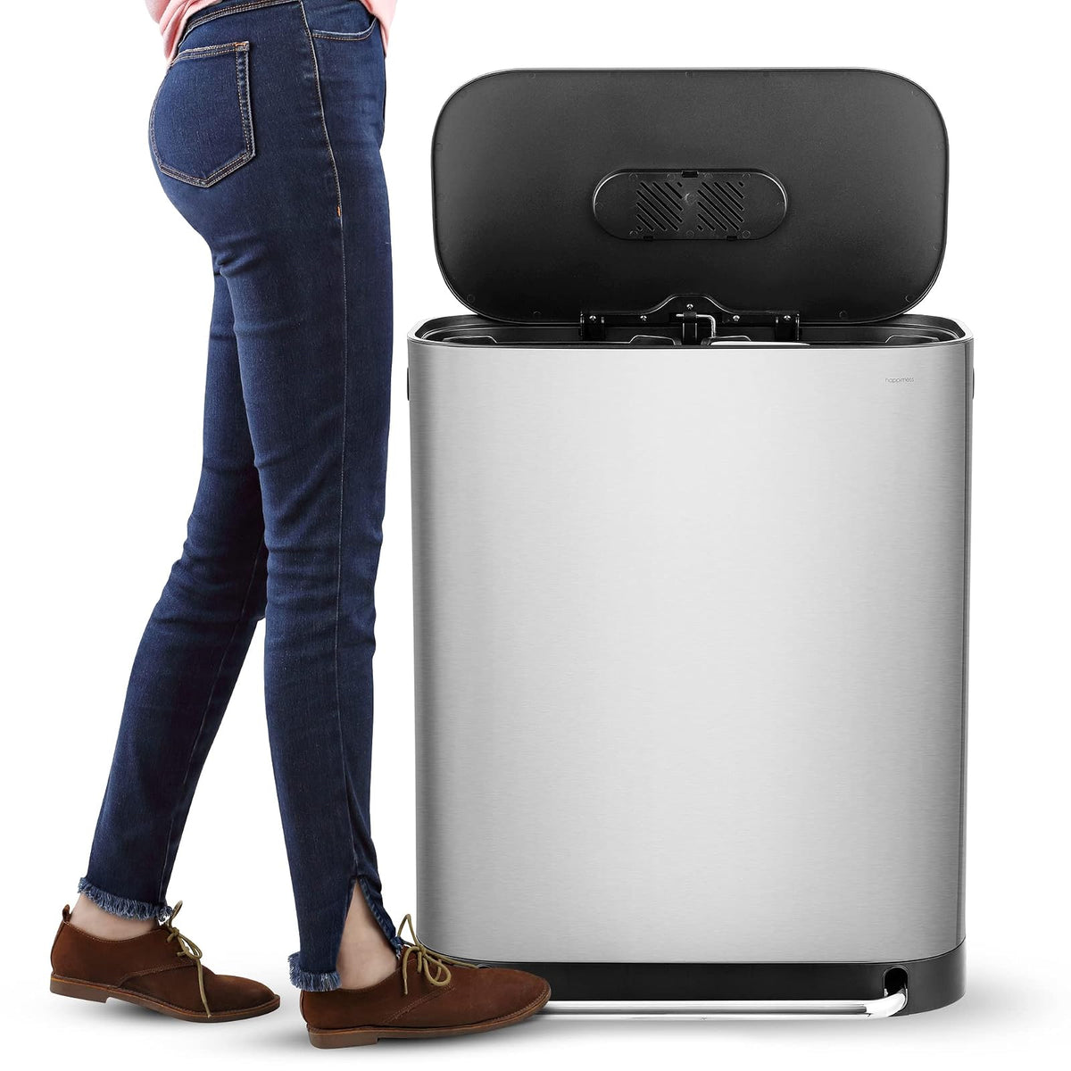 happimess HPM1014A Beni - Papelera de reciclaje de cocina de 16 galones, doble cubeta para el hogar, recámara, baño, sala de estar, habitación de invitados, oficina, cocina, cromo