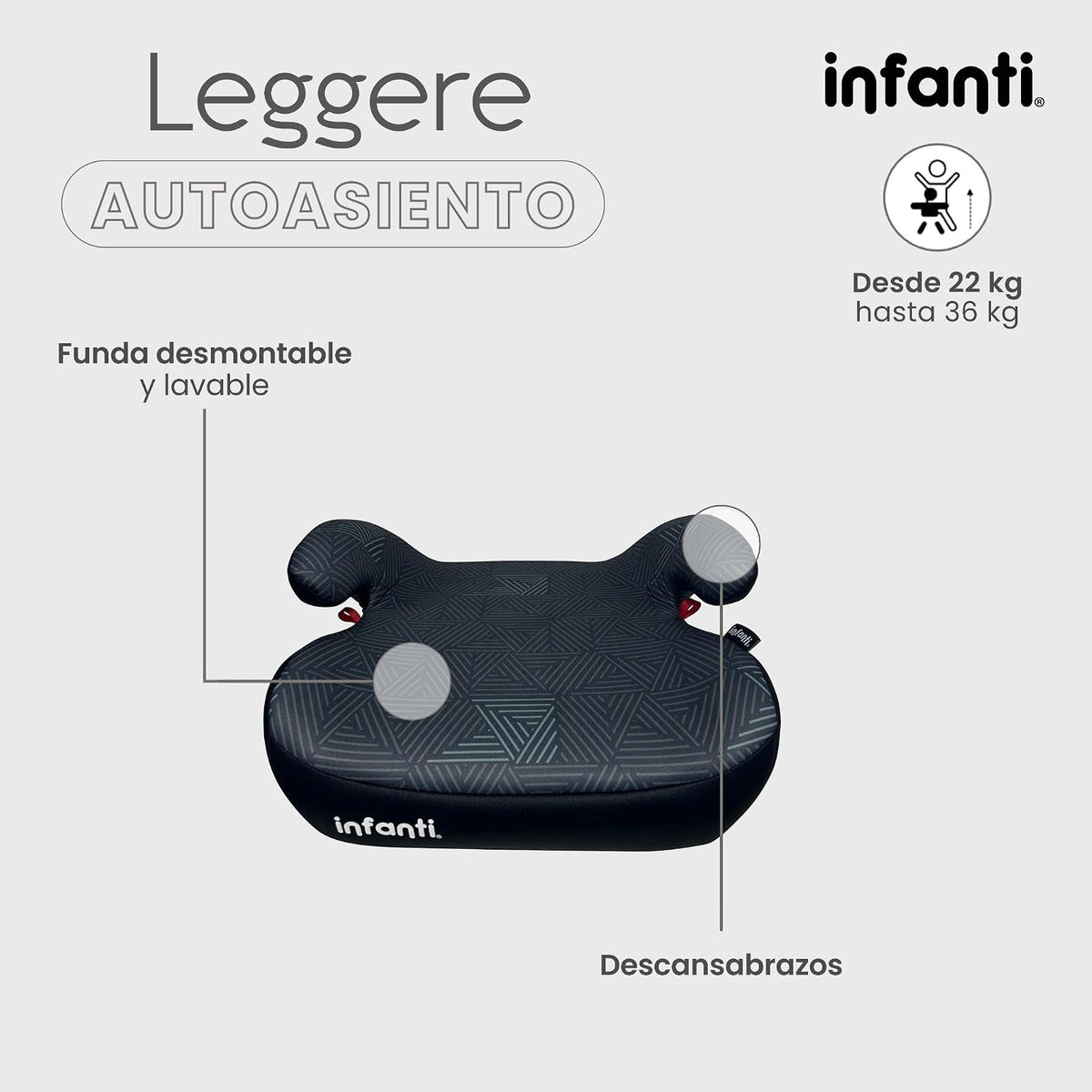 Infanti Autoasiento Booster LEGGERE Grupo III | Silla Elevadora para Niños de 22 a 36 kg (6-12 Años) | Ultra Ligero y Portátil | Funda Removible y Fácil de Instalar | Color Negro