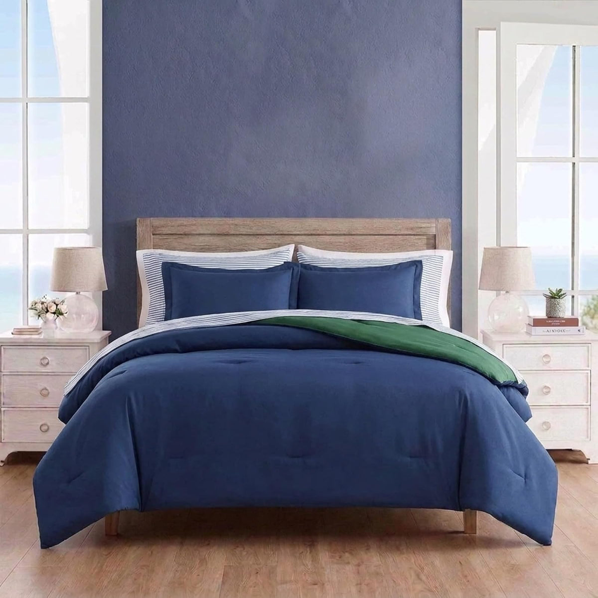 Nautica - Juego de Cama Individual XL Reversible, Incluye Funda Estándar, Sábana Bajera, Funda de Almohada y Bolsa de Lavandería, 5 Piezas, Tamaño Twin, Azul Marino