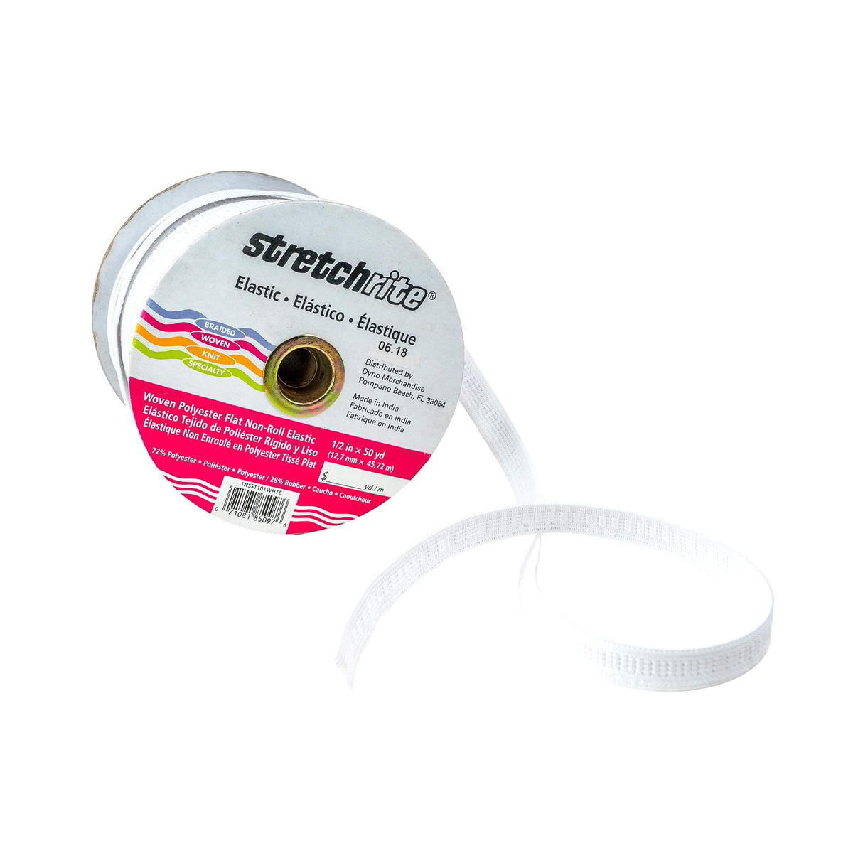 Stretchrite 1NSS1101WHTE Bobina elástica de poliéster Tejida Plana de 1/2 x 50 Yardas, Color Blanco