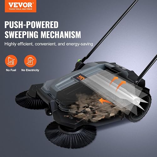 VEVOR - Barrendador de Piso de 65 cm de Ancho de Barrido Manual no eléctrico de 5 galones, Mango Plegable Ajustable en ángulo y Altura para Pasarela, Patio, cochera, Patio, Gris + Negro