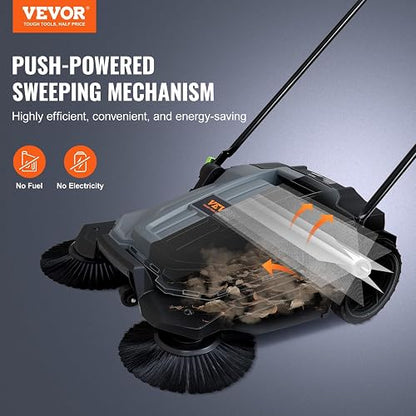 VEVOR - Barrendador de Piso de 65 cm de Ancho de Barrido Manual no eléctrico de 5 galones, Mango Plegable Ajustable en ángulo y Altura para Pasarela, Patio, cochera, Patio, Gris + Negro