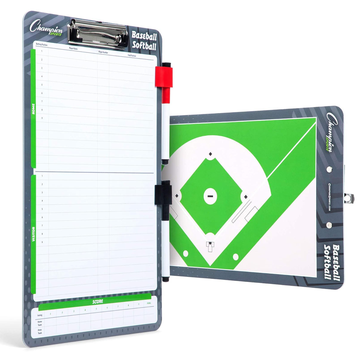 Champion Sports - pizarrón de borrado en seco grande y XL para entrenamiento - Pizarras blancas para estrategias, técnicas, juegos, tablas de 2 caras con campo completo frontal - Medio campo trasero y - Junta de entrenadores estándar - Béisbol y sóftbol