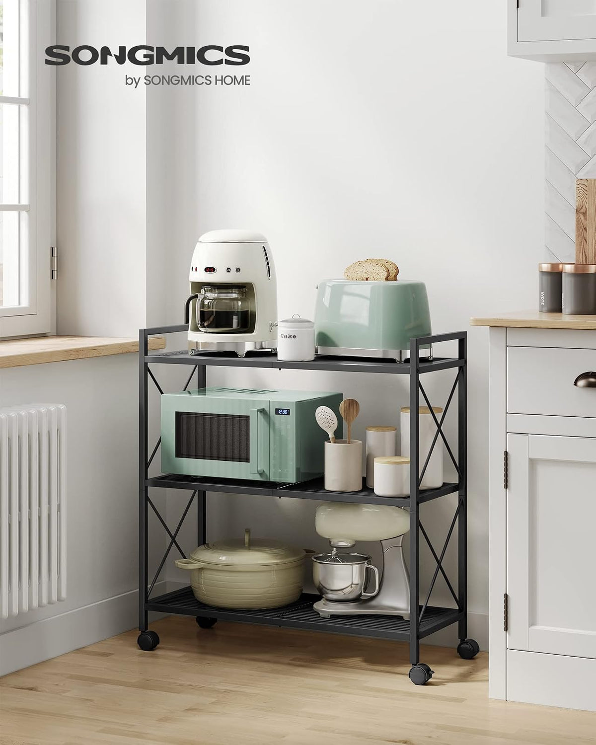 SONGMICS Estantería Metálica de 3 Niveles con Ruedas, 80 cm de Ancho | Estantería de Malla con Marcos Laterales en X, para Entrada, Cocina, Salón, Baño, Negro mate, Colección DACEY MBSC183B01