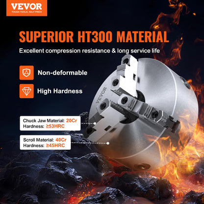 VEVOR Portabrocas de Torno Autocentrante 3 Mordazas de 250 mm Mandril de Torno Rango de Sujeción 6-250 mm Mandril de 3 Mordazas Llave en T Autocentrante Mandíbula Reversible para Fresadoras Taladros