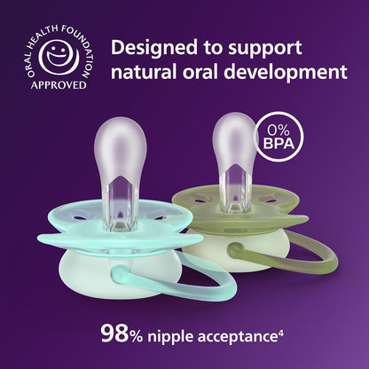 Philips Avent - Chupones nocturnos ultra suaves - Diseño ortodóntico, para bebés de 0 a 6 meses, brilla en la oscuridad, escudo flexible, pezón de silicona simétrica, sin BPA, fundas esterilizantes