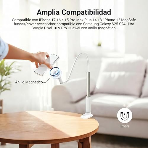 NEEWER BASICS Magnético Soporte Celular Escritorio, 360° Overhead Table Phone Holder Clamp Mount con Flexible Arm, Compatible con MagSafe iPhone Android Samsung para Grabación Video Cama, PA151 Blanco