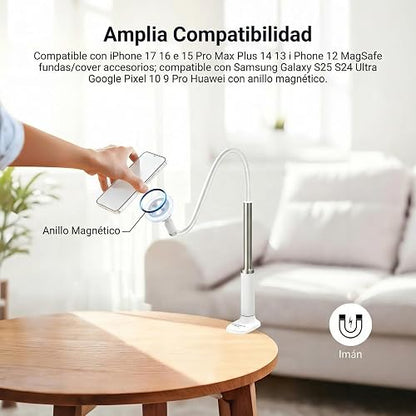 NEEWER BASICS Magnético Soporte Celular Escritorio, 360° Overhead Table Phone Holder Clamp Mount con Flexible Arm, Compatible con MagSafe iPhone Android Samsung para Grabación Video Cama, PA151 Blanco